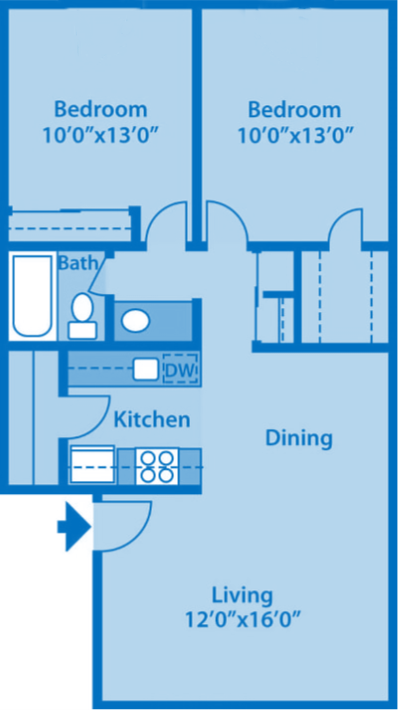 Floor plan for 2 beds, 1 bath, 818 sqft